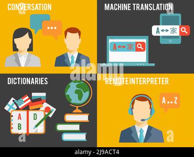 Semplice disegno grafico a colori del concetto di traduzione in lingua straniera in sfondo arancione e grigio. Illustrazione Vettoriale