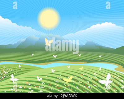 Campagna di primavera paesaggio. Campo verde sulle colline con fiori e farfalle vicino al fiume. Il sole splende nelle montagne visibili a distanza Illustrazione Vettoriale