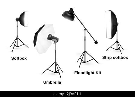 Apparecchiature di illuminazione studio isolate su sfondo bianco. Faretto e lampada, flash e tecnologia fotografica professionale, illustrazione vettoriale Illustrazione Vettoriale