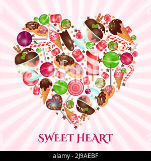 Dolce cuore poster per negozio di dolci. Dessert alimentare, ciambelle e caramelle, torta dolciaria, illustrazione vettoriale Illustrazione Vettoriale