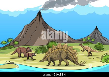 Preistoria con vulcano dinosauri. Natura e rettile, palma d'albero, animale selvatico cartoon, illustrazione vettoriale Illustrazione Vettoriale