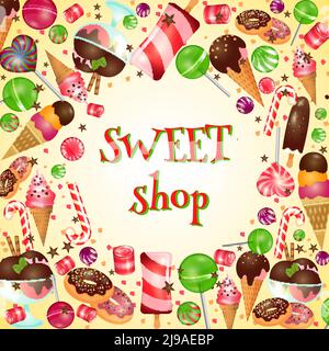 Poster Sweet Shop con caramelle e lecca. Gelato, cibo yummy, illustrazione vettoriale Illustrazione Vettoriale