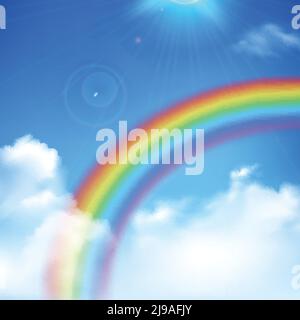 Arcobaleno e raggi di sole sfondo realistico con nuvole e blu illustrazione del vettore sky Illustrazione Vettoriale