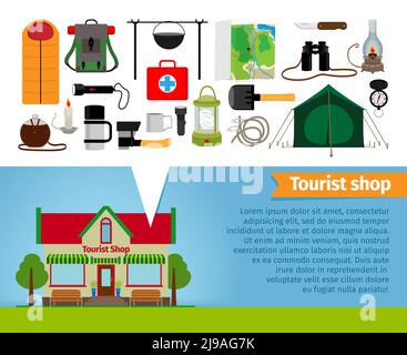 Negozio turistico. Attrezzature e strumenti per il turismo escursionistico e trekking. Articoli e vendita al dettaglio, thermos e sacco a pelo, avventura e vaso, illustrazione vettoriale Illustrazione Vettoriale