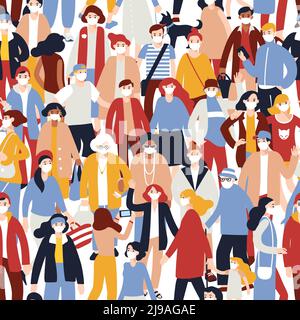 Gruppo di persone diverse con maschere protettive mediche in comunità isolato su sfondo infinito Illustrazione Vettoriale