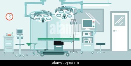 Moderni interni ospedalieri con mobili e attrezzature per il funzionamento. Illustrazione vettoriale in stile piatto. Illustrazione Vettoriale