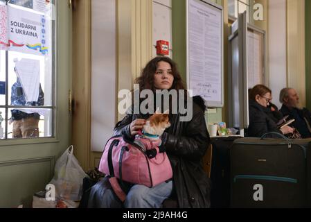 La donna Ucraina tiene il suo cane alla stazione. I rifugiati ucraini arrivano alla stazione ferroviaria di Przemysl, in Polonia, il 20th giorno dell'invasione russa del loro paese. Foto Stock