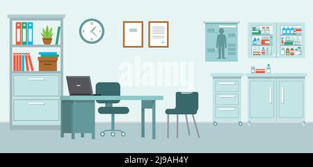 Interni moderni della sala ospedaliera con mobili e attrezzature per la consultazione e la diagnosi. Illustrazione vettoriale Illustrazione Vettoriale