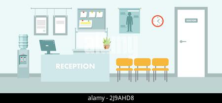 Interni moderni della reception dell'ospedale con mobili e attrezzature. Illustrazione vettoriale Illustrazione Vettoriale
