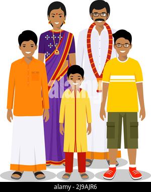 Generazioni uomo. Il padre, la madre, la nonna, il nonno, il ragazzo del popolo indiano che si erigono insieme in abiti tradizionali. Concetto sociale. Concetto di famiglia Illustrazione Vettoriale