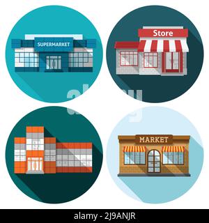 Negozio e supermarket building icone appartamento set vettore isolato illustrazione Illustrazione Vettoriale