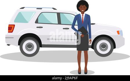 Illustrazione dettagliata dell'automobile e della donna d'affari afro-americana su sfondo bianco in stile piatto. Illustrazione Vettoriale