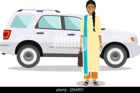 Illustrazione dettagliata dell'automobile e della donna d'affari indiana nei vestiti nazionali tradizionali su sfondo bianco in stile piatto. Illustrazione vettoriale. Illustrazione Vettoriale
