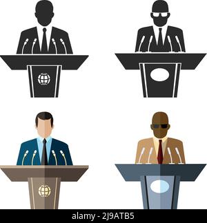 Icona dell'altoparlante o dell'oratore in nero e in stile piatto. Microfono e leader business, tribune e presentazione, portavoce e conferenza. Illustratio vettoriale Illustrazione Vettoriale