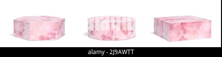 Set di podi di marmo rosa su sfondo bianco con percorso di taglio. Immagine 3D Foto Stock