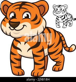 Cute Happy Baby Tiger con disegno artistico a linee bianche e nere, mammiferi, illustrazione di personaggi vettoriali, contorno del logo di Cartoon Mascot in bianco isolato Illustrazione Vettoriale