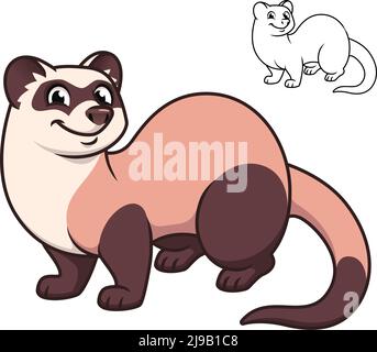 Carino Felice Ferret con disegno d'arte della linea bianca e nera, mammiferi, illustrazione del carattere del vettore, il logo del mattone mascot del contorno in bianco isolato Illustrazione Vettoriale