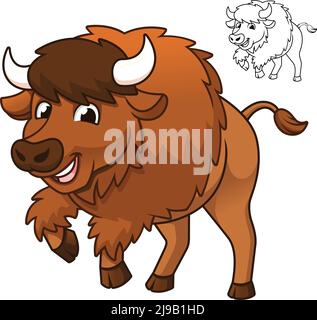 Cute Happy Bison jumping con disegno artistico a linee bianche e nere, mammiferi, illustrazione di personaggi vettoriali, contorno del logo di Cartoon Mascot in bianco isolato Illustrazione Vettoriale