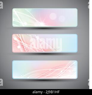 Tre banner orizzontali con linee astratte e modello bokeh in colori pastello isolati su sfondo grigio con angoli scuri piatti illustrazione vettoriale Illustrazione Vettoriale