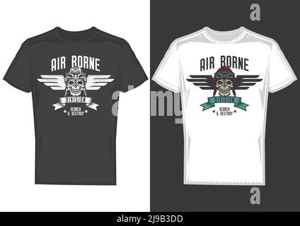 Esempi di design della T-shirt con illustrazione del cranio con design delle ali. Illustrazione Vettoriale