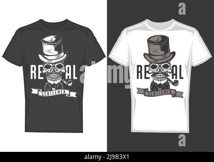 T-shirt design campioni con illustrazione di un gentleman cranio con un cappello. Illustrazione Vettoriale