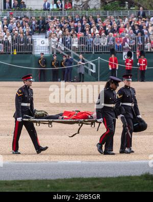 Un membro delle Guardie irlandesi svenisce oggi sotto l’alta temperatura durante la revisione del generale maggiore di Trooping the Color alla Horse Guards Parade Foto Stock