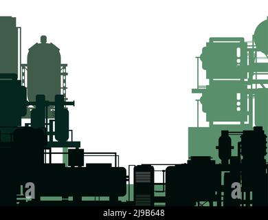 Impianto di produzione. Composizione del telaio. Silhouette di oggetti. Apparecchiature tecniche industriali. Prodotto chimico di fabbrica. Azienda tecnologica moderna. Isolato o Illustrazione Vettoriale