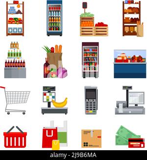 Supermarket decorativo icone piatto con soldi e borse di carte frigoriferi acquisti attrezzature di pagamento illustrazione vettoriale isolata Illustrazione Vettoriale