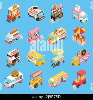 Camion di cibo di strada e carrelli che vendono hot dog e wok le icone isometriche delle piastre impostano l'illustrazione vettoriale isolata astratta Illustrazione Vettoriale