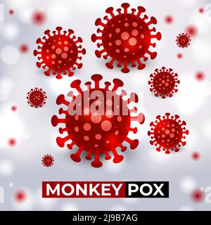 Monkeypox virus cellule focolaio medico banner. Cellule del virus Monkeypox su sfondo quadrato bianco. Sfondo del vettore microbiologico Monkey pox. Illustrazione Vettoriale