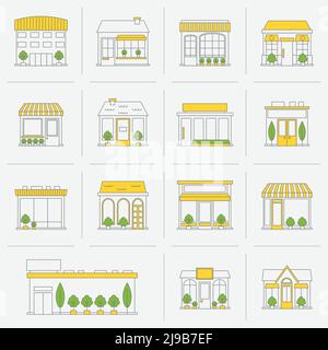 Negozio negozio business edifici linea piatta icona set vettore isolato illustrazione Illustrazione Vettoriale