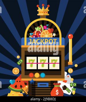 Concetto di slot machine con corona di jackpot e soldi al buio sfondo blu con immagine vettoriale piatta dei raggi Illustrazione Vettoriale