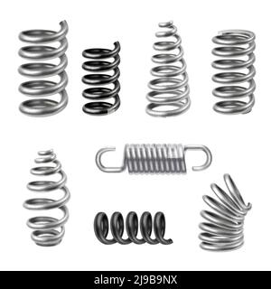 Le molle metalliche realistiche e gli ammortizzatori della macchina impostano l'illustrazione vettoriale isolata Illustrazione Vettoriale