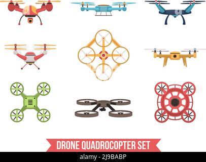 Set piatto di quadrocotteri colorati senza equipaggio del drone volante isolati su illustrazione vettoriale di sfondo bianco Illustrazione Vettoriale