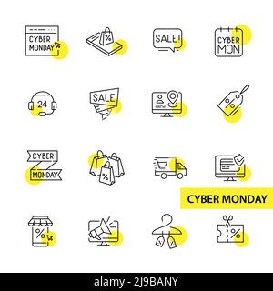 Cyber Monday: Evento stagionale di vendita e-commerce. Pixel Perfect, editable stroke line art Icons set Illustrazione Vettoriale