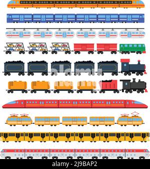 Icone del treno impostate con vettore isolato per il trasporto di passeggeri e carichi illustrazione Illustrazione Vettoriale