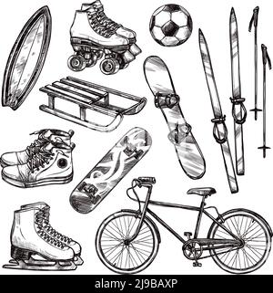 Attrezzatura sportiva invernale ed estiva con calcio tirato a mano biciclette a sfera e pattini a rotelle illustrazione vettoriale isolata Illustrazione Vettoriale