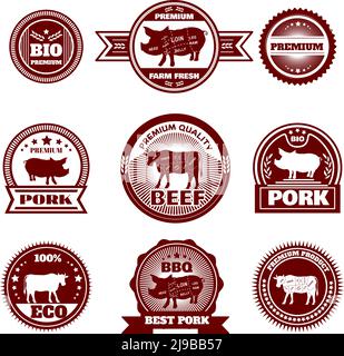 Eco biologico gratuito pascolo bestiame premium qualità produzione di macelleria le icone degli emblemi impostano l'illustrazione vettoriale isolata astratta Illustrazione Vettoriale