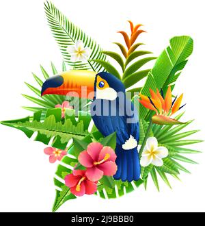Fiori tropicali e fronde di piante con vettore di uccelli toucan illustrazione Illustrazione Vettoriale
