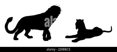 Predatori preistorici - tilacosmilus e leone grotta. Disegno con predatore felino estinto. Disegno silhouette con dente sciabola. Foto Stock