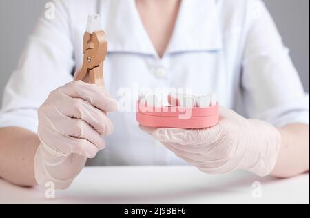 Dentista che tira il dente con le pinze fuori dal modello della mandibola. Chirurgo dentario che utilizza lo strumento per la rimozione, l'estrazione dei denti. Stomatologia, problemi di salute orale. Foto di alta qualità Foto Stock