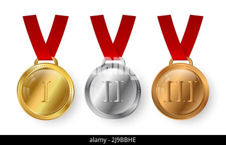 Medaglie sportive realistiche isolate su sfondo bianco. Medaglia in oro, argento e bronzo. Vector Awards per vincitore o campione. Illustrazione Vettoriale