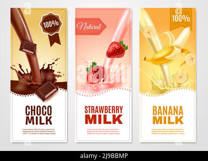 Striscioni verticali di latte dolce con cioccolato alla banana e. illustrazione vettoriale isolata con latte di fragola Illustrazione Vettoriale