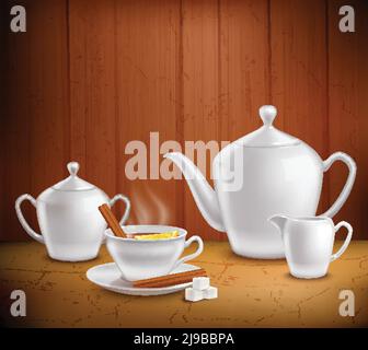 Composizione del set per tè con teacup caldo in pentola e caraffa per latte sul tavolo vicino a parete di legno illustrazione vettoriale Illustrazione Vettoriale