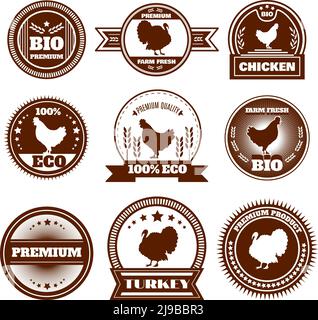 Eco biologico fattoria libera gamma pollo tacchino premium produzione di qualità le icone degli emblemi impostano l'illustrazione vettoriale isolata astratta Illustrazione Vettoriale