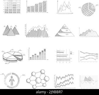 Diagrammi di schizzo grafici ed elementi infografici impostano illustrazioni vettoriali isolate Illustrazione Vettoriale