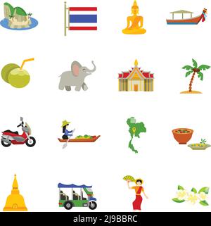 Thailandia icone insieme con elefanti cocco spiagge e barche piatta illustrazione vettoriale isolata Illustrazione Vettoriale
