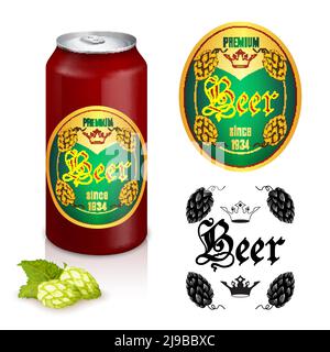 Il design tradizionale del marchio della birra di alta qualità per le lattine e. le etichette dei flaconi disegnano un'illustrazione vettoriale isolata astratta Illustrazione Vettoriale