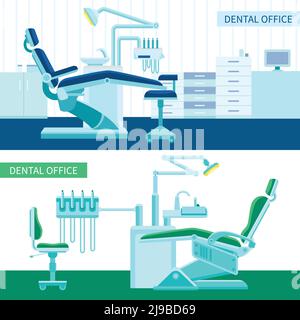 Set di striscioni orizzontali per camera dentale con attrezzatura medica per denti immagine vettoriale piatta indurita Illustrazione Vettoriale