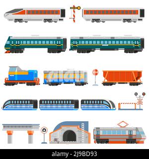 Gruppo di icone colorate piatte per il trasporto ferroviario di passeggeri e merci vagoni locomotive tunnel del tram monorotaia isolato vettore illustrazione Illustrazione Vettoriale